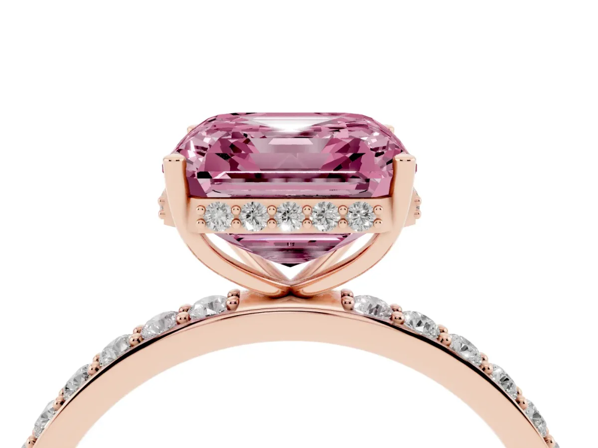 Fancy Pink Asscher Cut Diamond Solitaire Ring with Pavé Band and Hidden Halo Rose gold