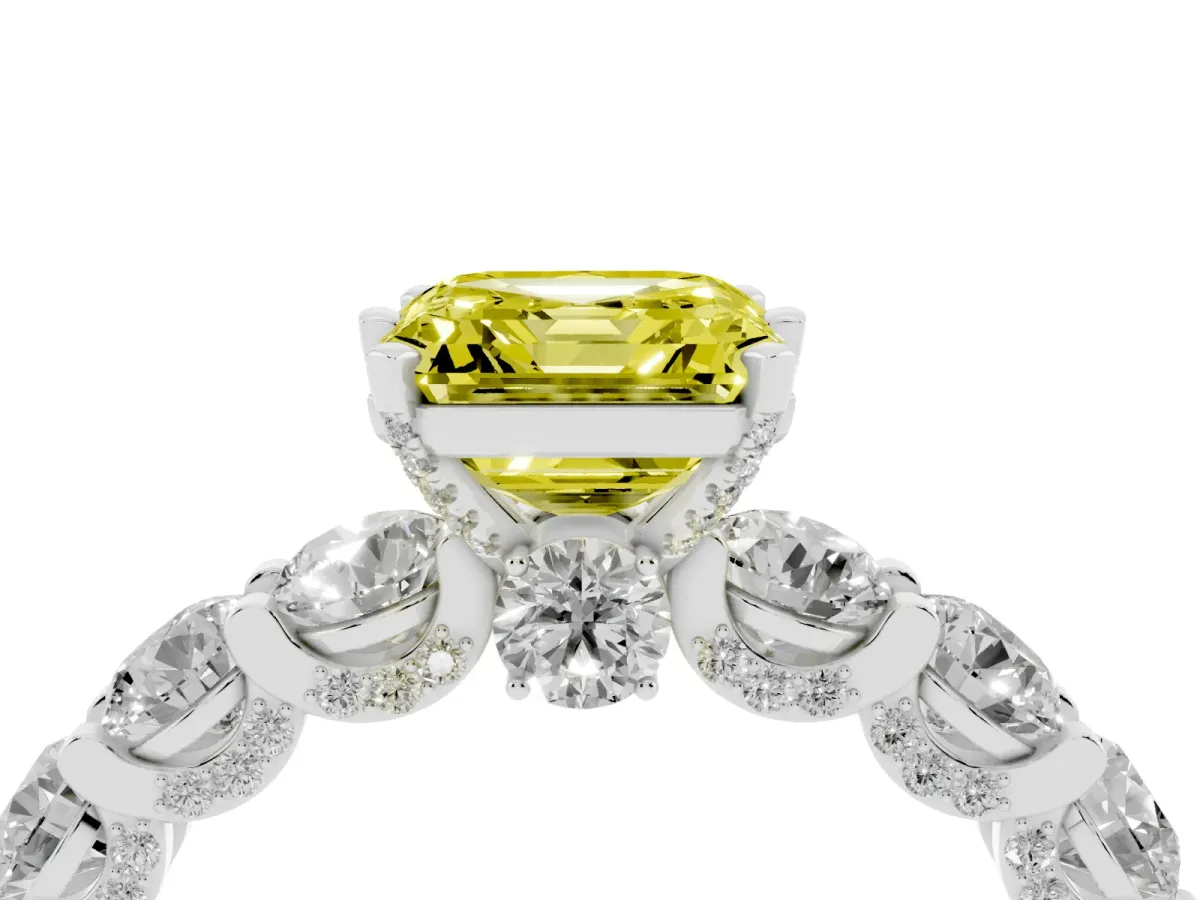 Fancy Yellow Asscher Cut Diamond Side Stone Engagement Ring with Four-Prong Setting White gold