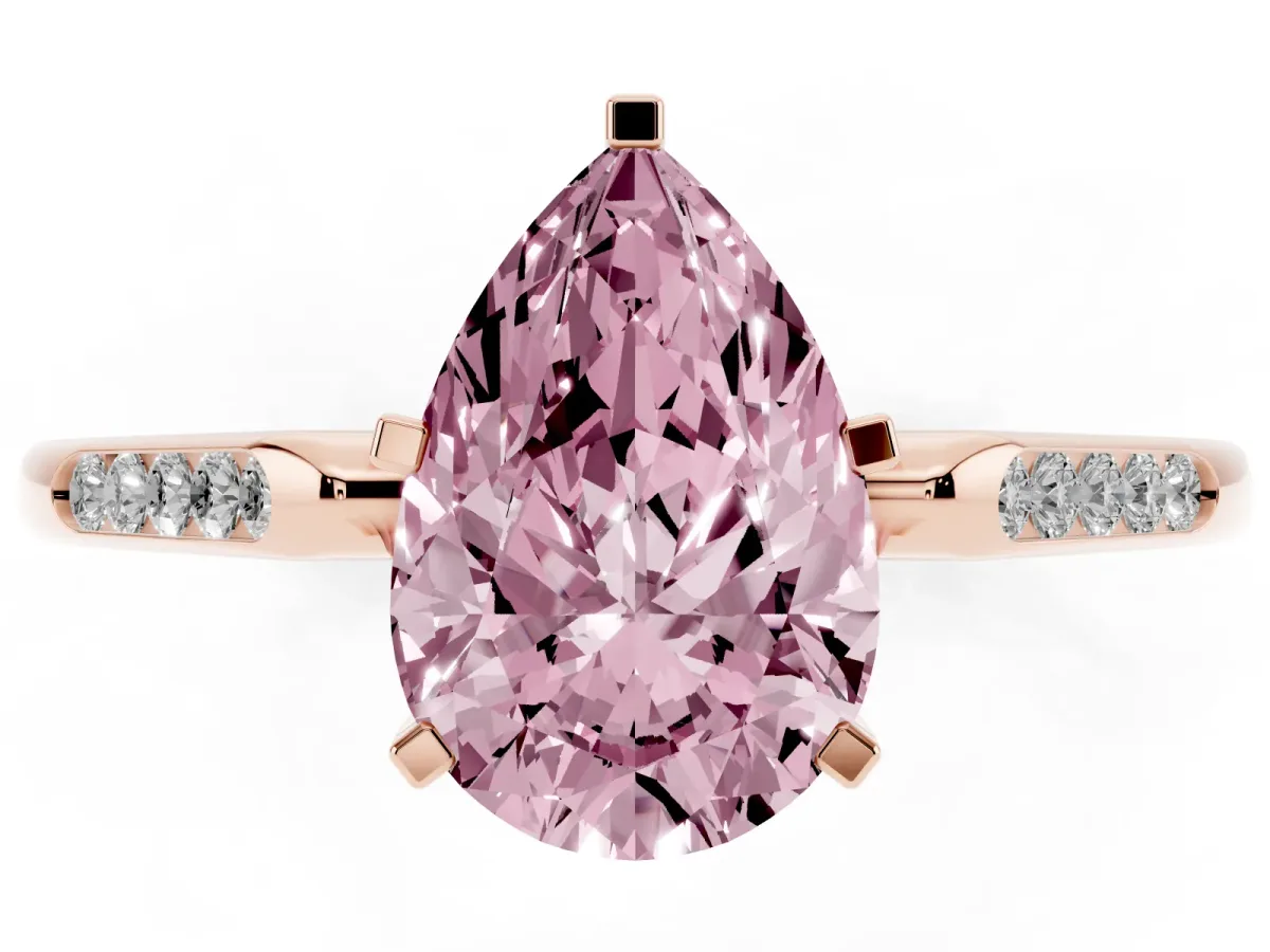 Fancy Pink Pear Cut Diamond Solitaire Ring with Channel Set Round Band and Prong Setting Rose gold