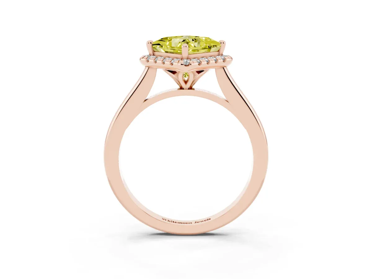 Fancy Yellow Princess Cut Halo Round Diamond Solitaire Engagement Ring with Pave Band and Four-Prong Setting Rose gold
