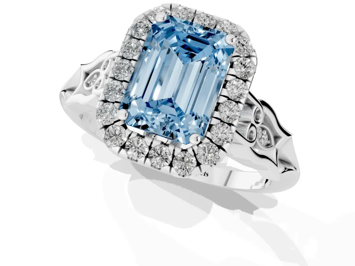 Fancy Blue Emerald Cut Halo Diamond Engagement Ring with Filigree Band and Four-Prong Setting Platinum