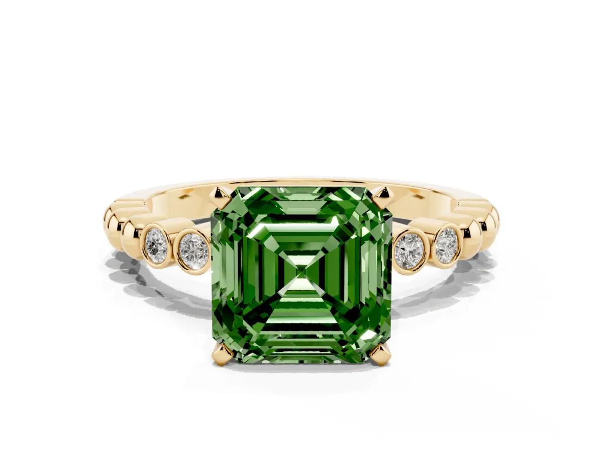 Fancy Green Asscher Cut Solitaire Bezel Accent Diamond Engagement Ring with Beaded Band and Four-Prong Setting Yellow gold