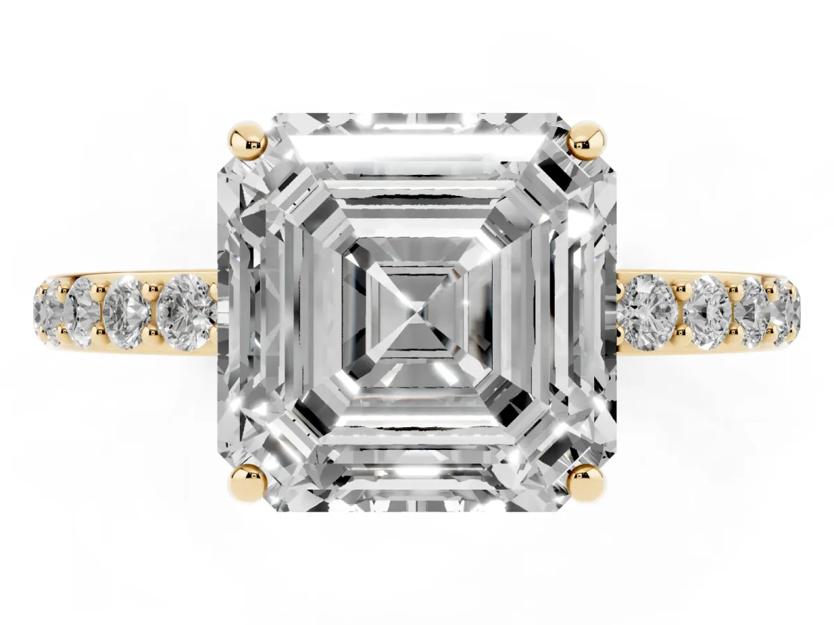 Asscher Cut Diamond Solitaire Ring with Round Pavé Shoulders and Prong Setting Yellow gold