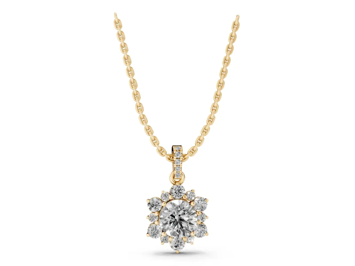 Round Brilliant Cluster Diamond Pendant with Prong Setting Yellow gold