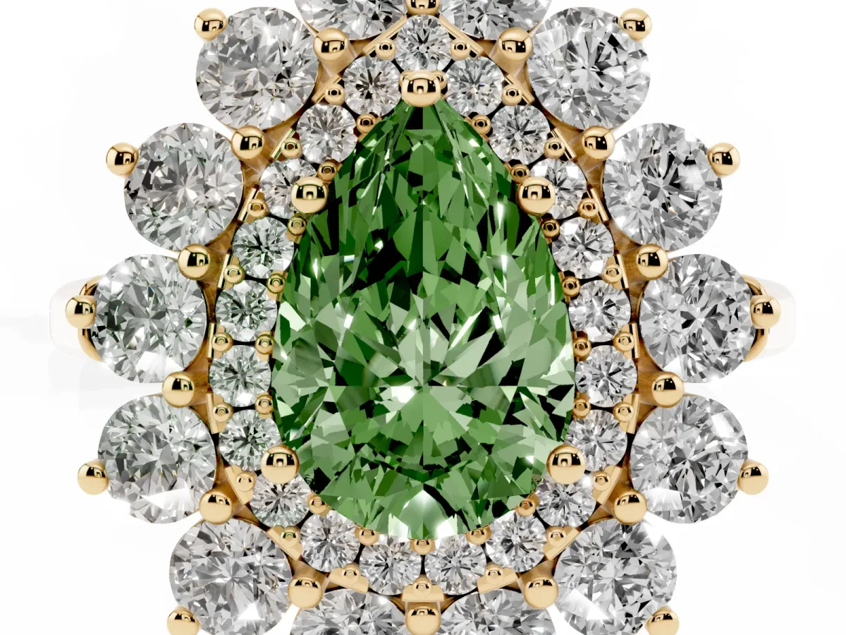 Fancy Green Pear Cut Diamond Floral Double Halo Engagement Ring with Prong Setting Yellow gold