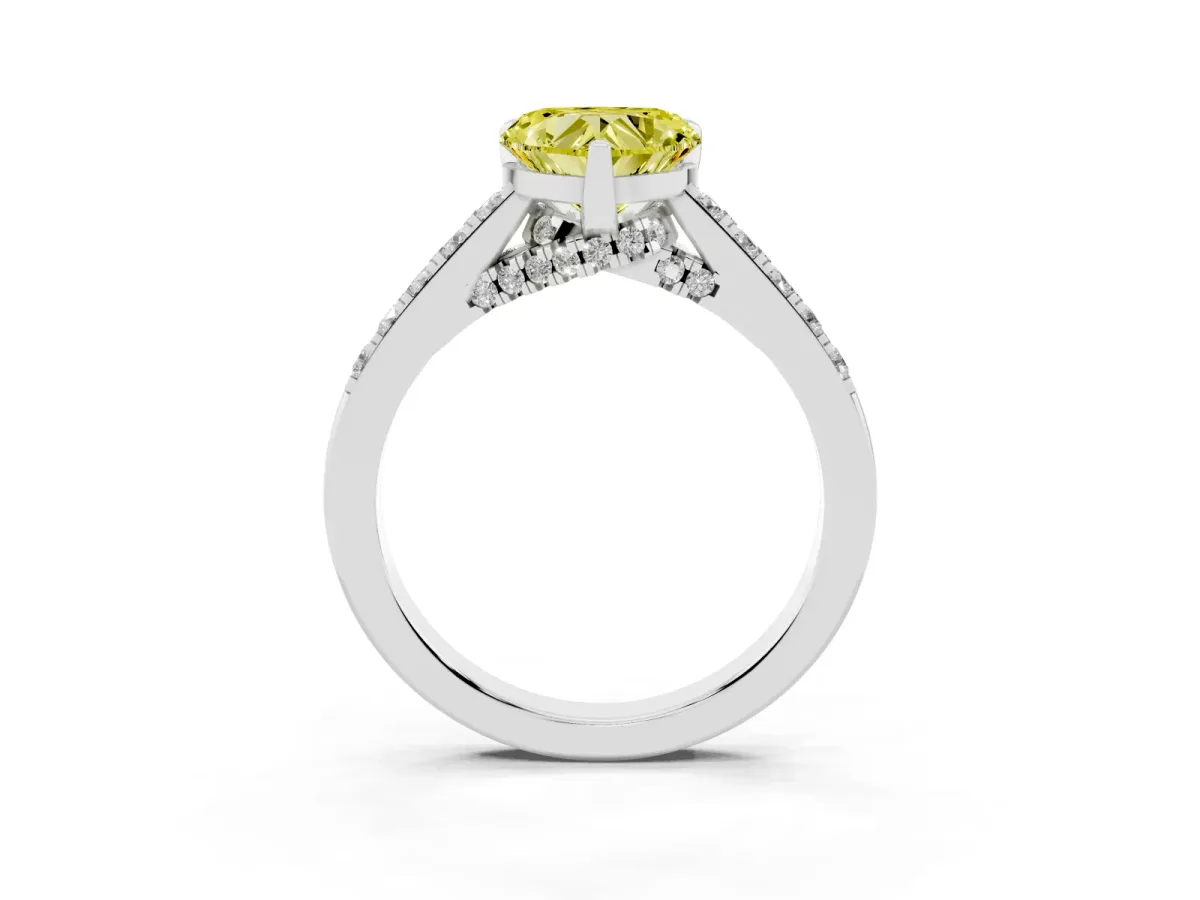 Fancy Yellow Heart Cut Diamond Solitaire Ring with Crossover Gallery and Round Pavé Band Platinum