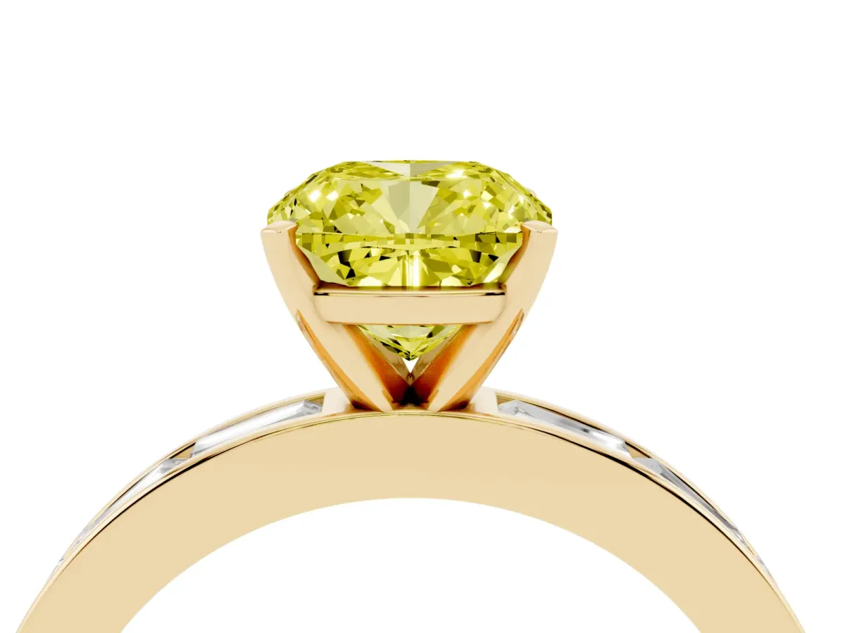 Fancy Yellow Cushion Cut Solitaire Diamond Ring with Channel-Set Baguette Band and Four-Prong Setting Yellow gold