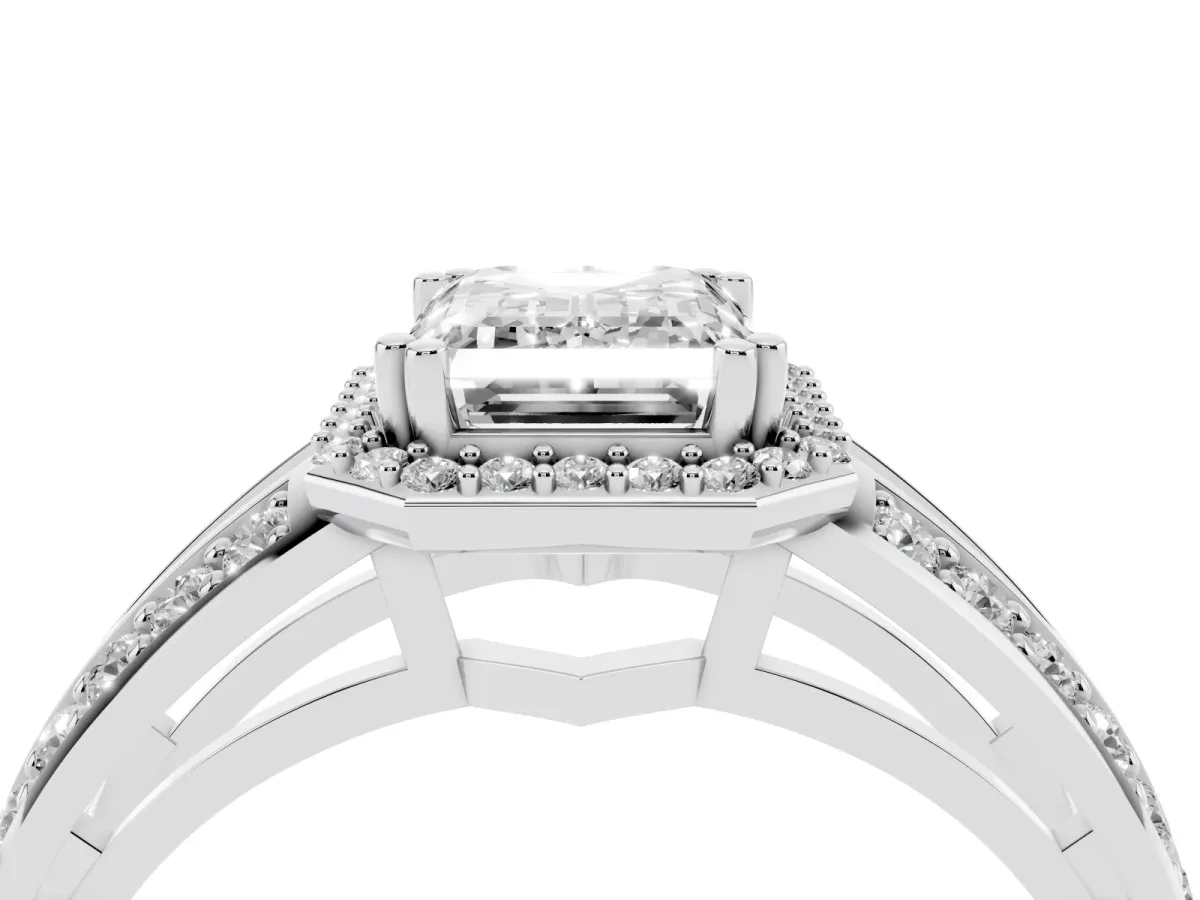 Emerald Cut Diamond Halo Ring with Split Shank Pavé Band and Four-Prong Setting Platinum