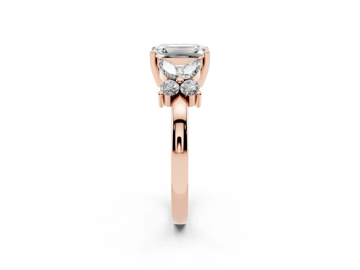 Emerald Cut Diamond Floral Cluster Ring with Solitaire Band and Prong Setting Rose gold