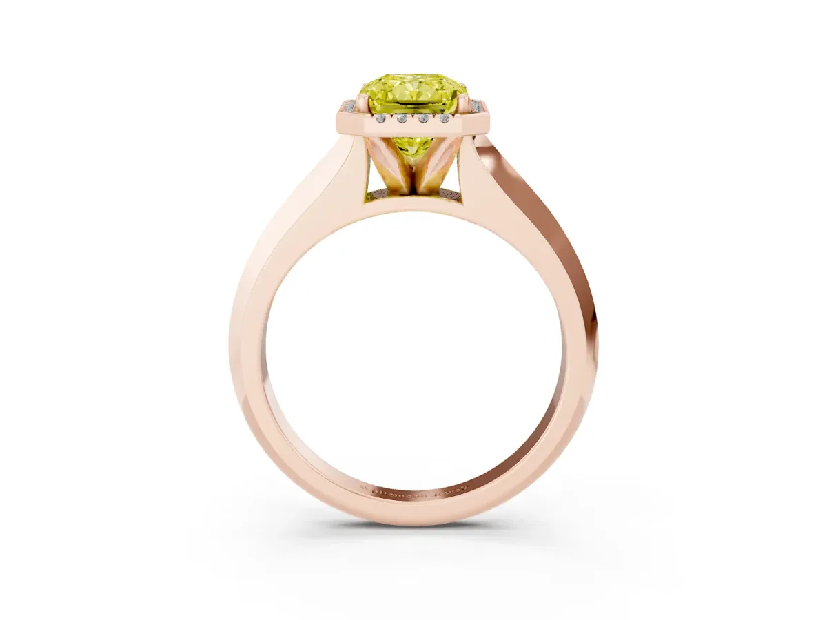 Fancy Yellow Radiant Cut Halo Diamond Ring with Cathedral Band and Four-Prong Setting Rose gold
