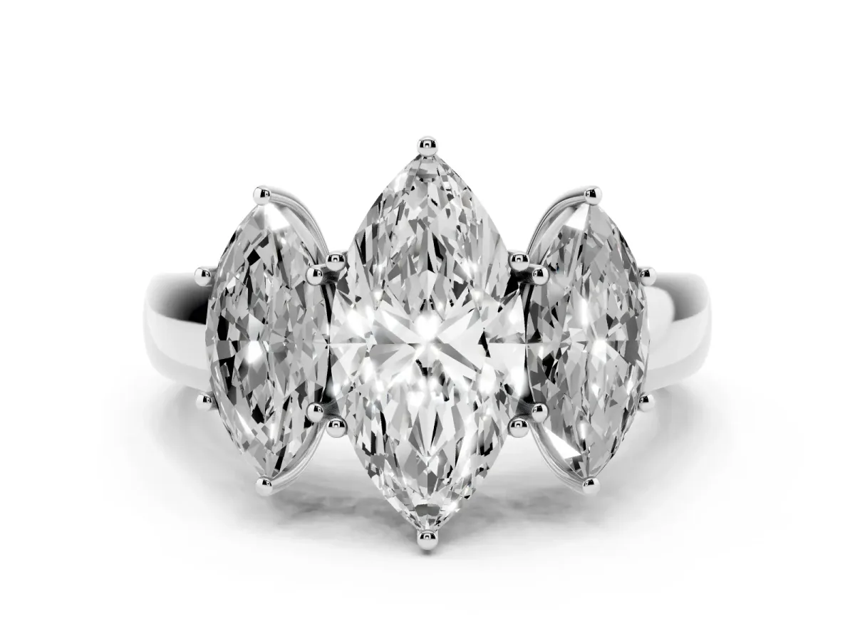Three-Stone Marquise Cut Cut Diamond Ring with Prong Setting and Classic Band Platinum