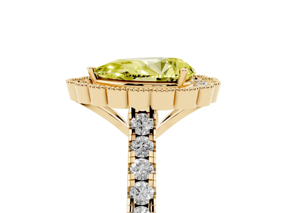 Fancy Yellow Pear Cut Cut Diamond Milgrain Floral Halo Engagement Ring with Pavé Band Yellow gold