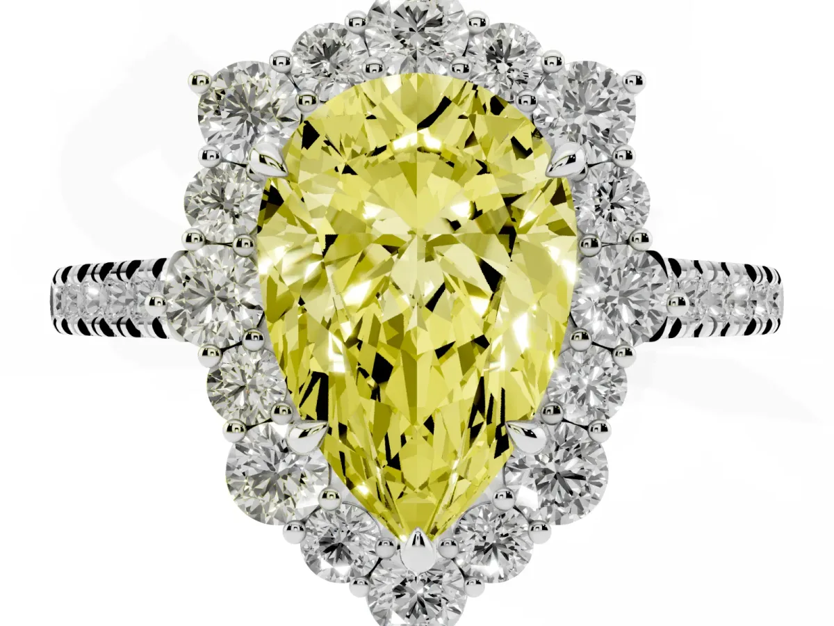 Fancy Yellow Pear Cut Halo Diamond Ring with Pavé Band and Prong Setting Silver