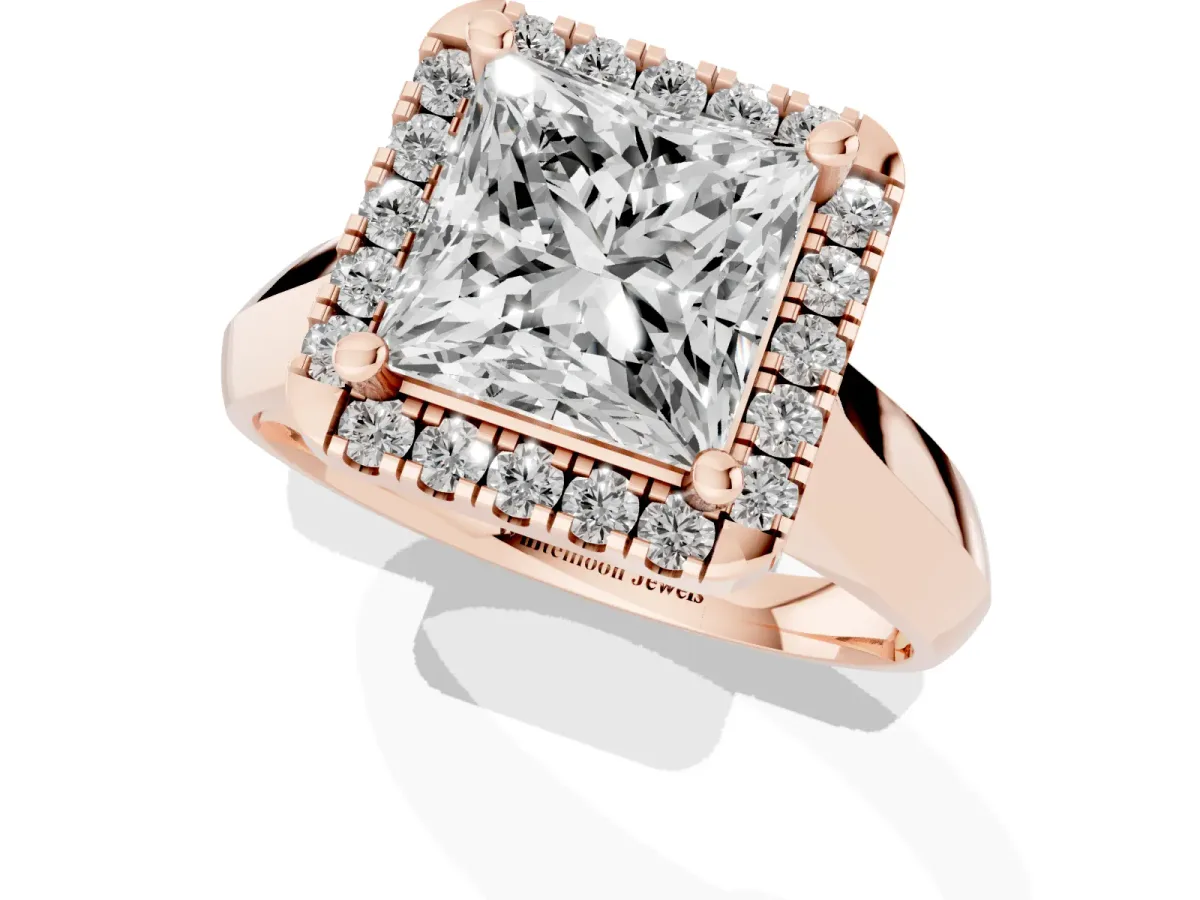 Princess Cut Cut Halo Solitaire Engagement Ring with Square Band and Four-Prong Setting Rose gold
