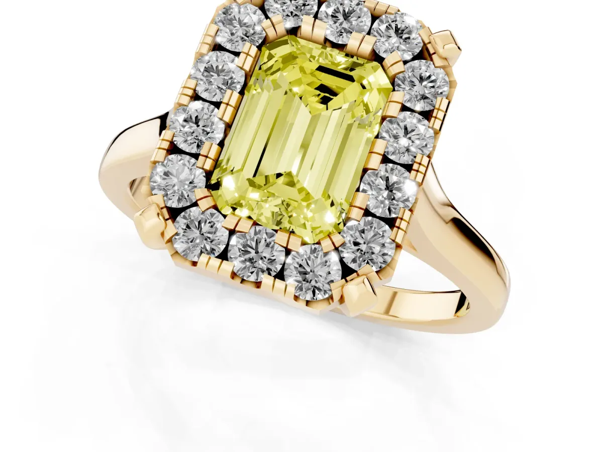 Fancy Yellow Emerald Cut Diamond Cluster Halo Solitaire with Four-Prong Setting Yellow gold