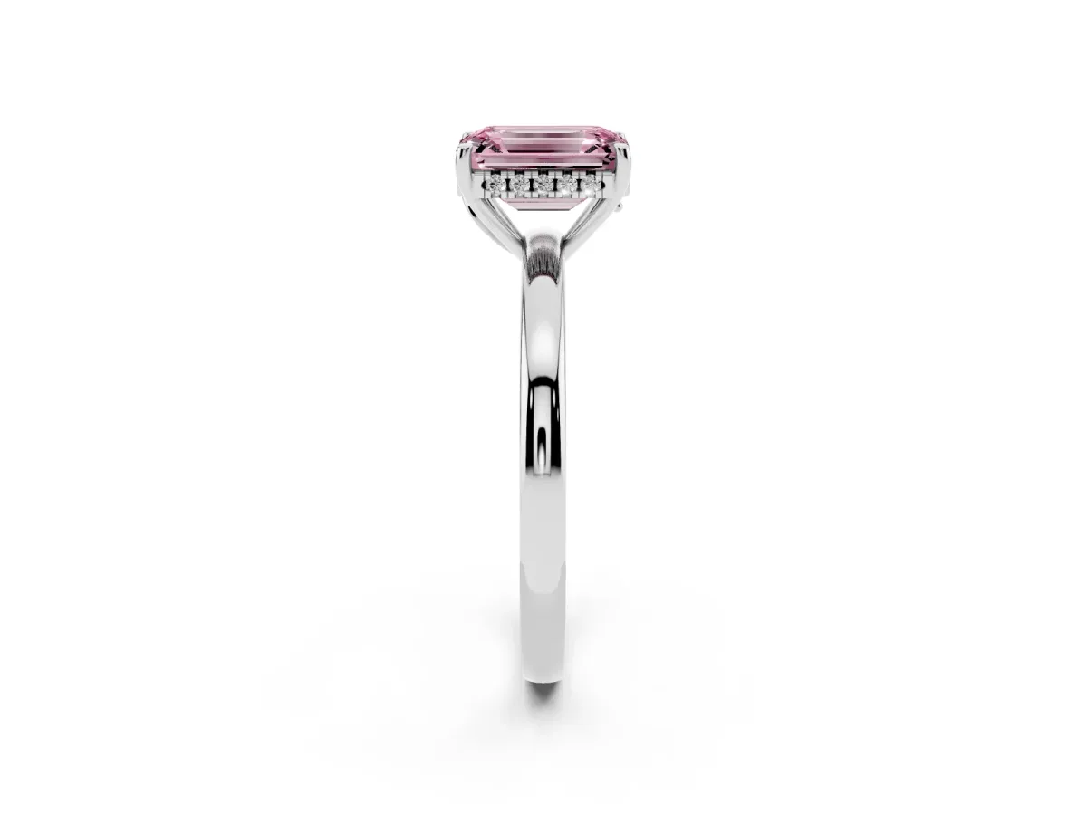 Fancy Pink Emerald Cut Solitaire Diamond Ring with Prong Setting and Plain Band Silver