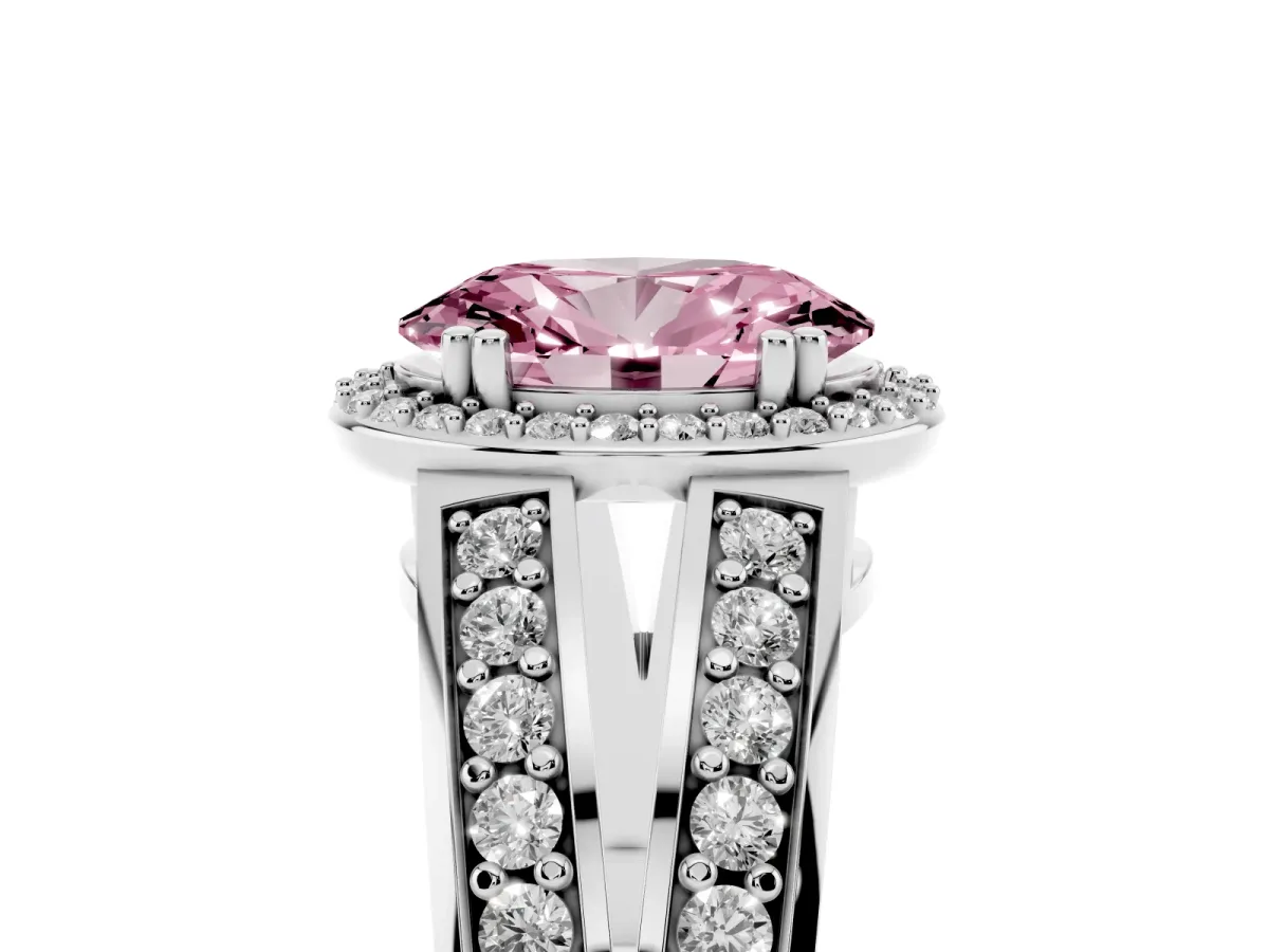 Fancy Pink Oval Cut Diamond Halo Ring with Split Shank Pavé Band and Four-Prong Setting Platinum