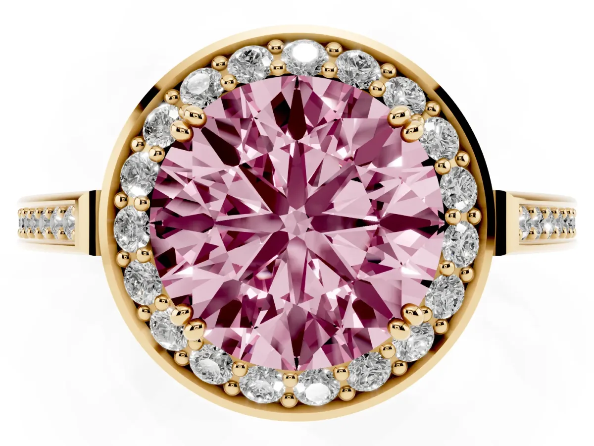 Fancy Pink Round Cut Diamond Halo Ring with Split Shank and Four-Prong Setting Yellow gold