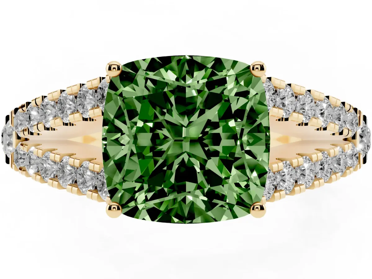 Fancy Green Cushion Cut Diamond Split Shank Engagement Ring with Round Pavé and Prong Setting Yellow gold