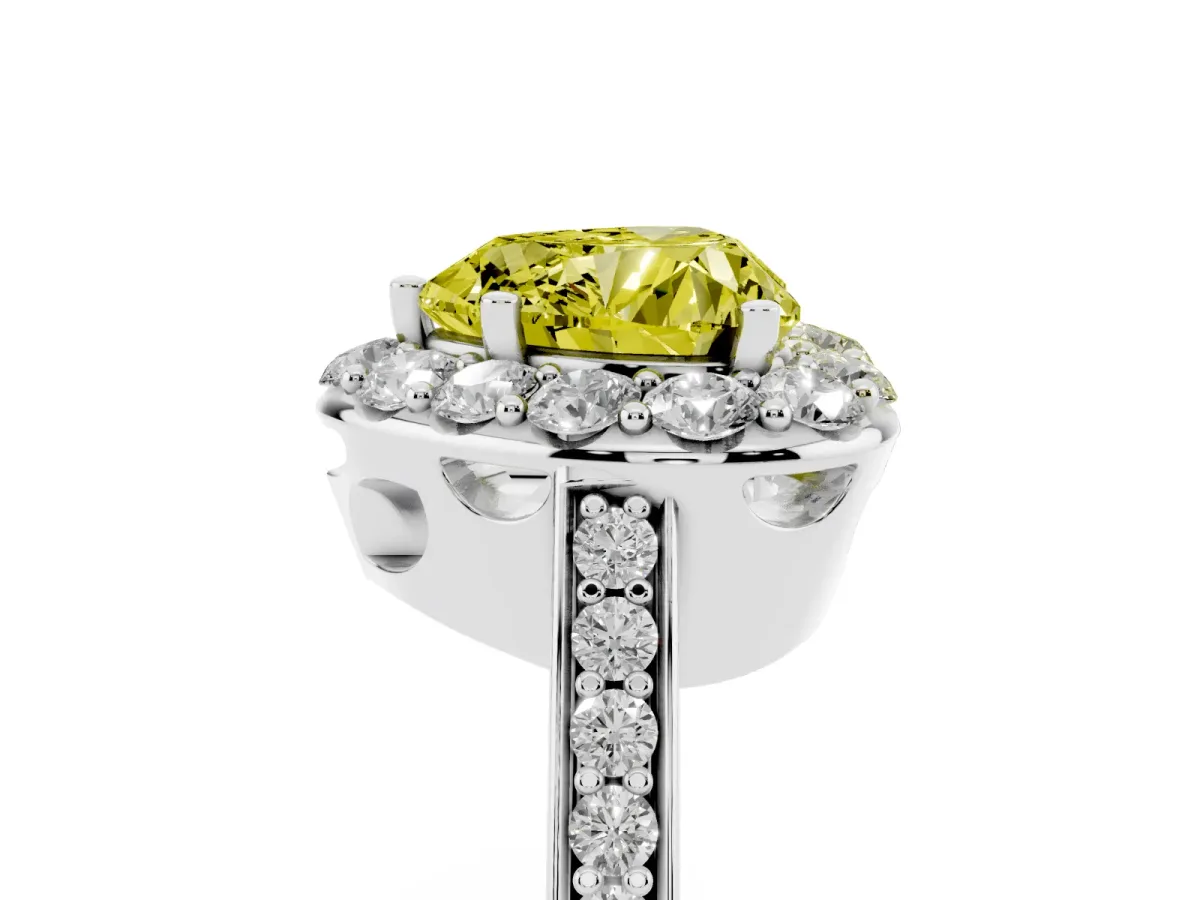 Fancy Yellow Heart Cut Diamond Floral Halo Ring with Pavé Band and Prong Setting Platinum