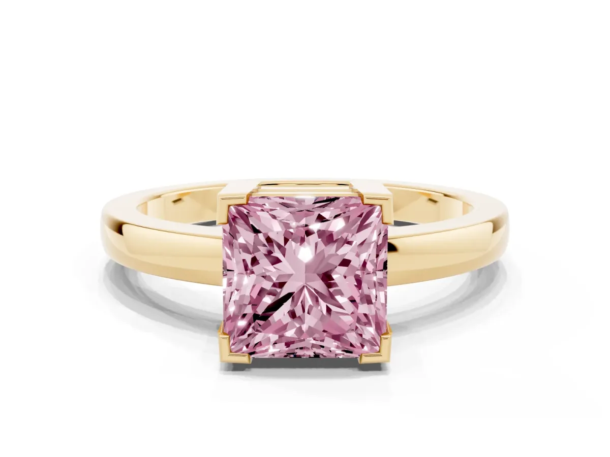 Fancy Pink Princess Cut Cut Solitaire Ring with Four-Prong Setting and Classic Band Yellow gold
