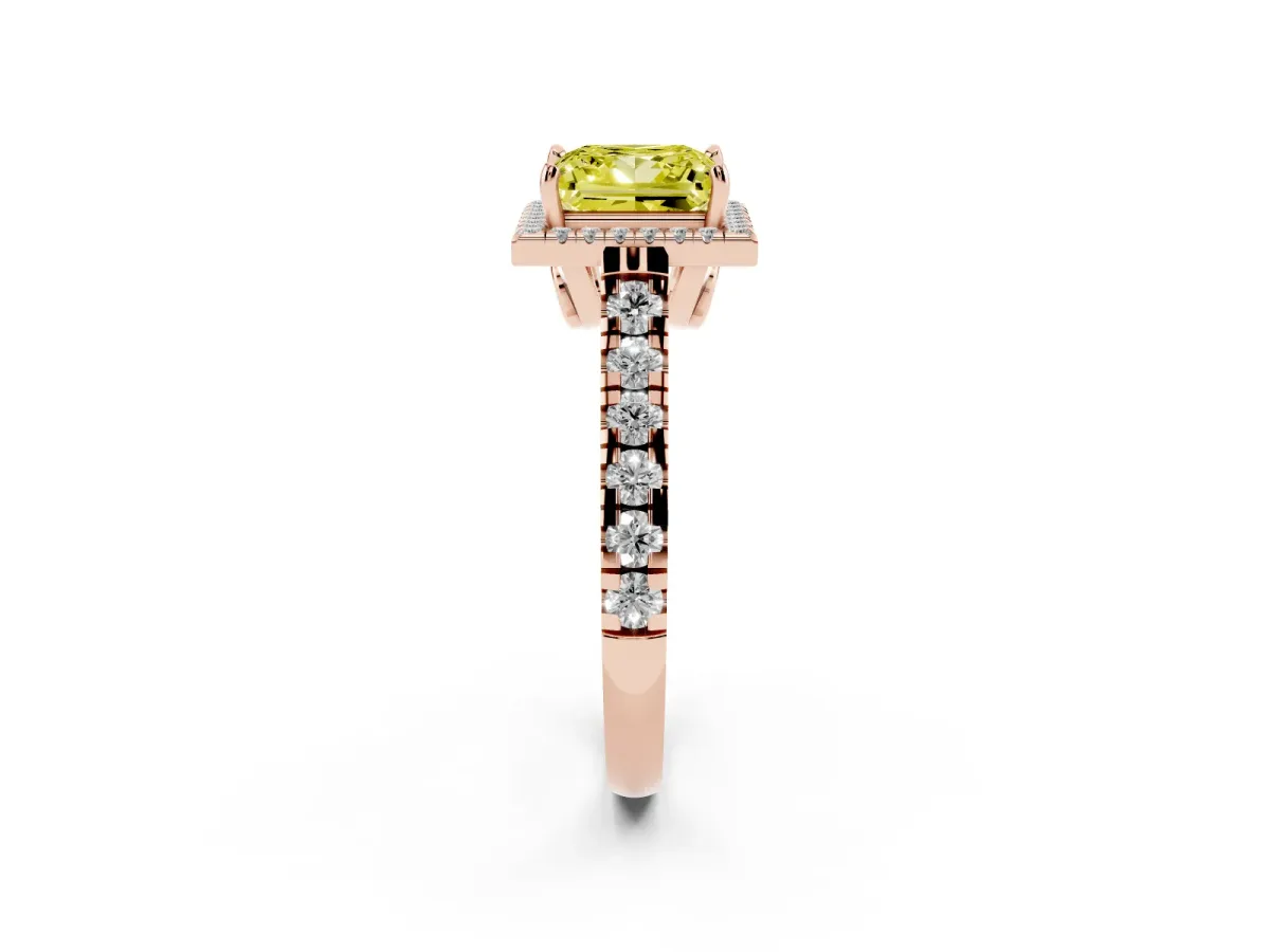 Fancy Yellow Princess Cut Halo Pavé Diamond Engagement Ring with Four-Prong Setting Rose gold