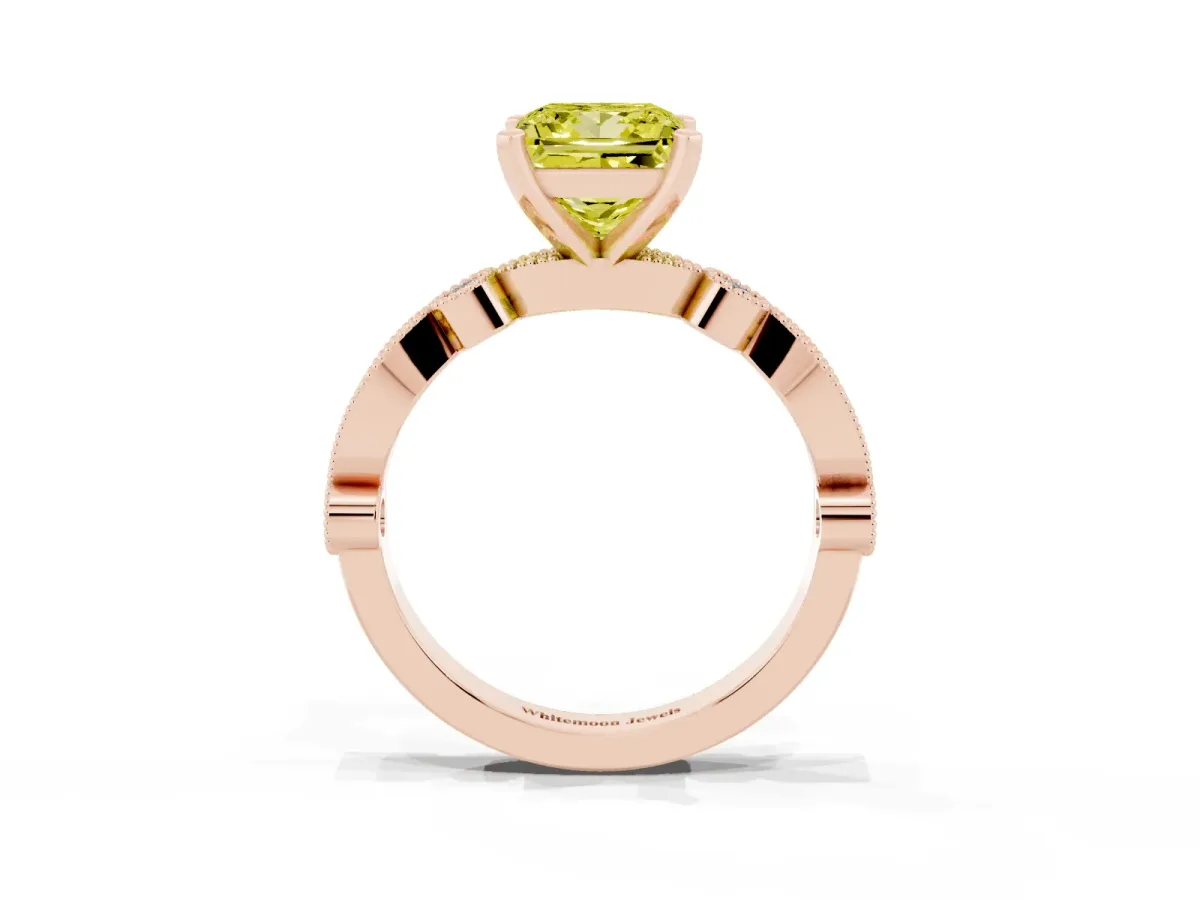 Fancy Yellow Princess Cut Milgrain Bezel Diamond Engagement Ring with Solitaire Prong Setting Rose gold