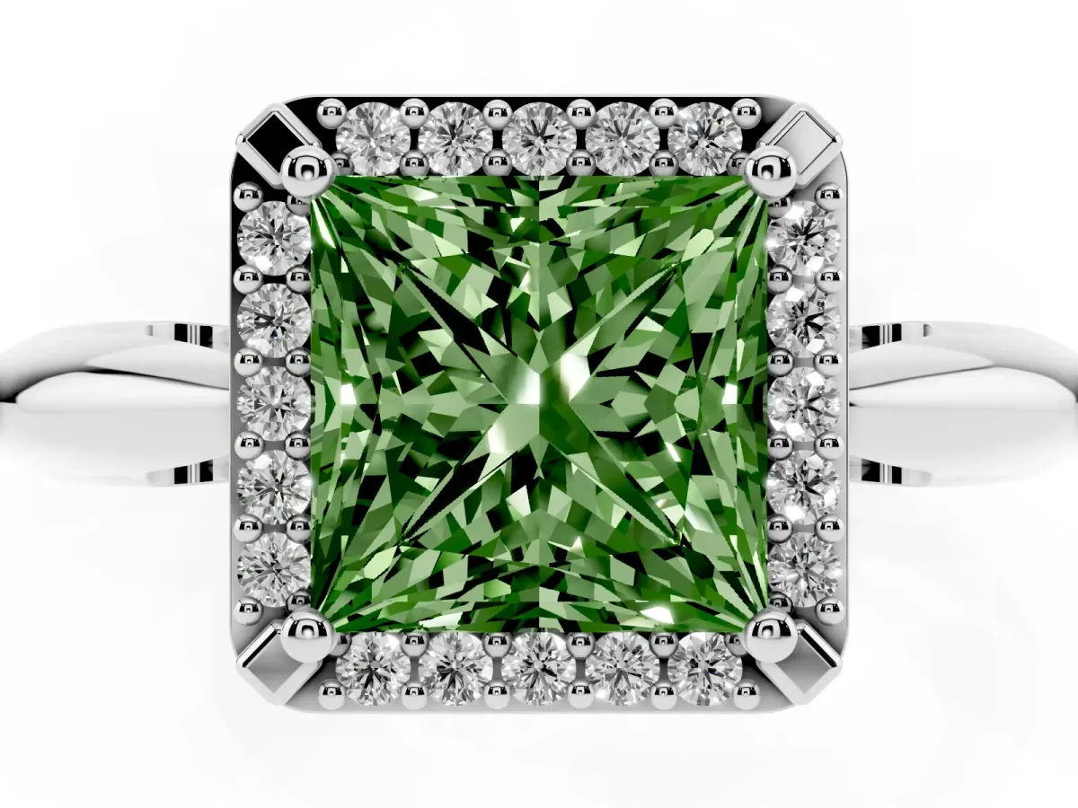 Fancy Green Princess Cut Cut Diamond Halo Engagement Ring with Split Shank and Four-Prong Setting Silver
