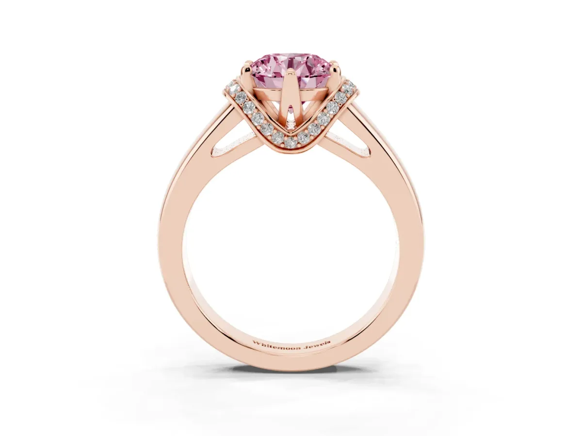 Fancy Pink Round Cut Solitaire Diamond Ring with Pave Band and Six-Prong Setting Rose gold