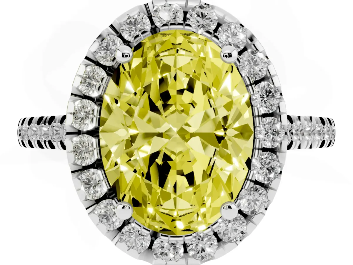 Fancy Yellow Oval Cut Diamond Cushion Halo Ring with Pavé Band Silver