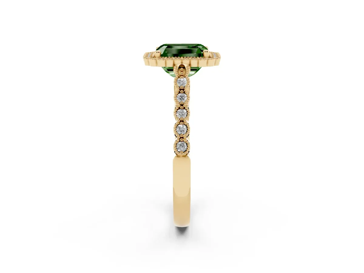 Fancy Green Radiant Cut Cut Halo Pavé Solitaire Ring with Milgrain Band Yellow gold
