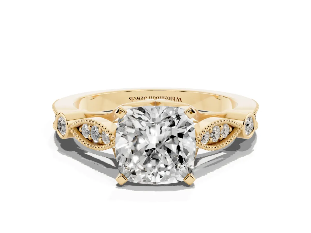 Cushion Cut Cut Diamond with Milgrain Marquise and Bezel Accents on a Solitaire Band with Prong Setting Yellow gold