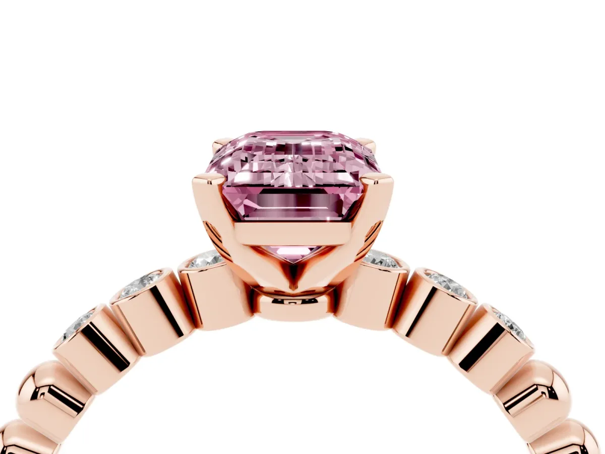 Fancy Pink Emerald Cut Solitaire Bezel Accent Diamond Engagement Ring with Beaded Band and Four-Prong Setting Rose gold