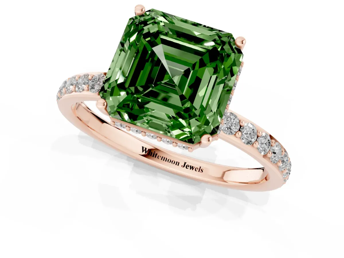 Fancy Green Asscher Cut Diamond Solitaire Ring with Pavé Band and Hidden Halo Rose gold