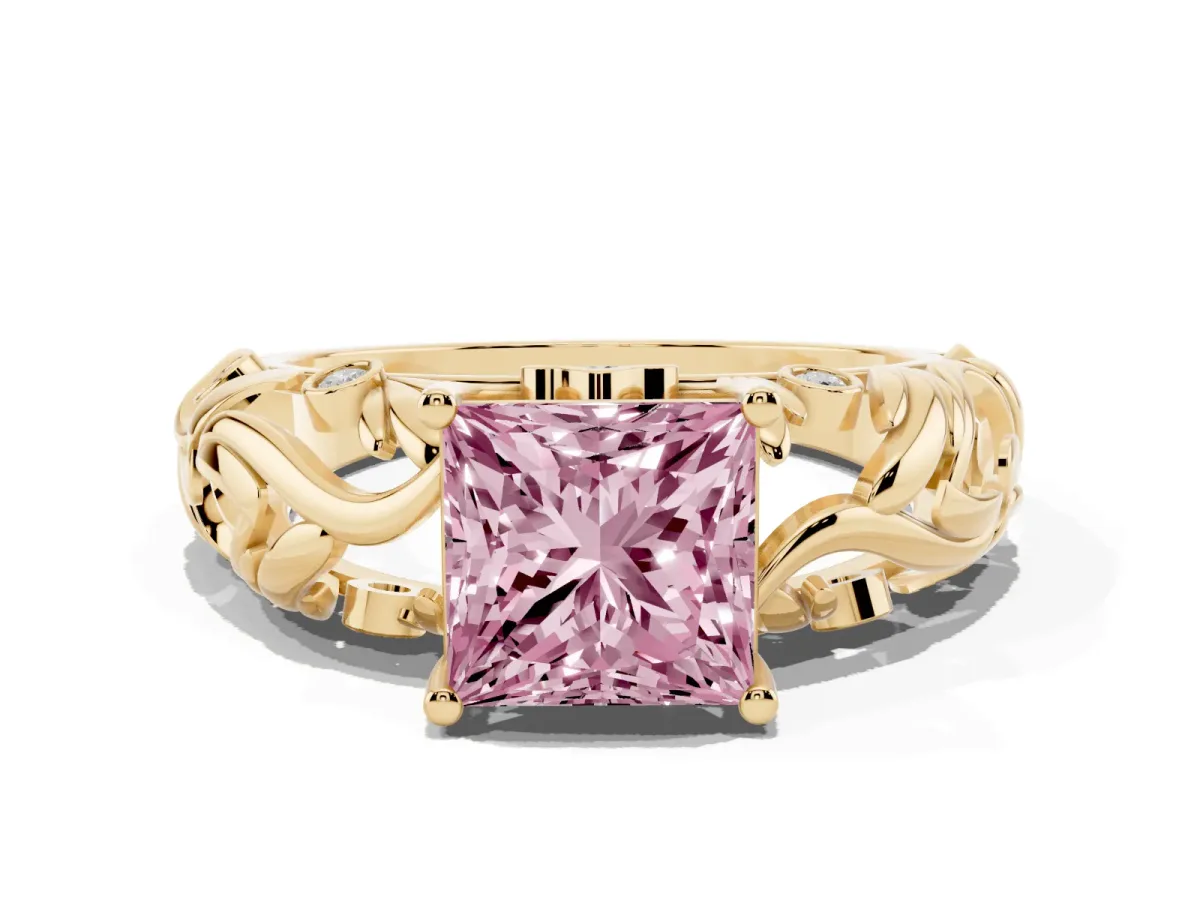Fancy Pink Princess Cut Solitaire Diamond Leaf-Inspired Vine Band Ring with Prong Setting Yellow gold