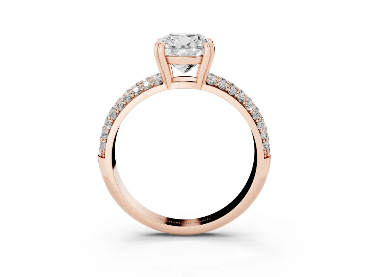 Cushion Cut Diamond Solitaire Ring with Multi-Row Round Pavé Band and Prong Setting Rose gold