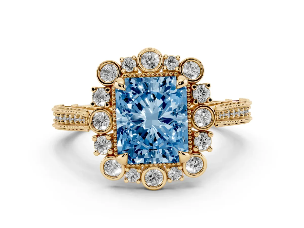 Fancy Blue Radiant Cut Halo Milgrain Pave Diamond Ring with Four-Prong Setting Yellow gold