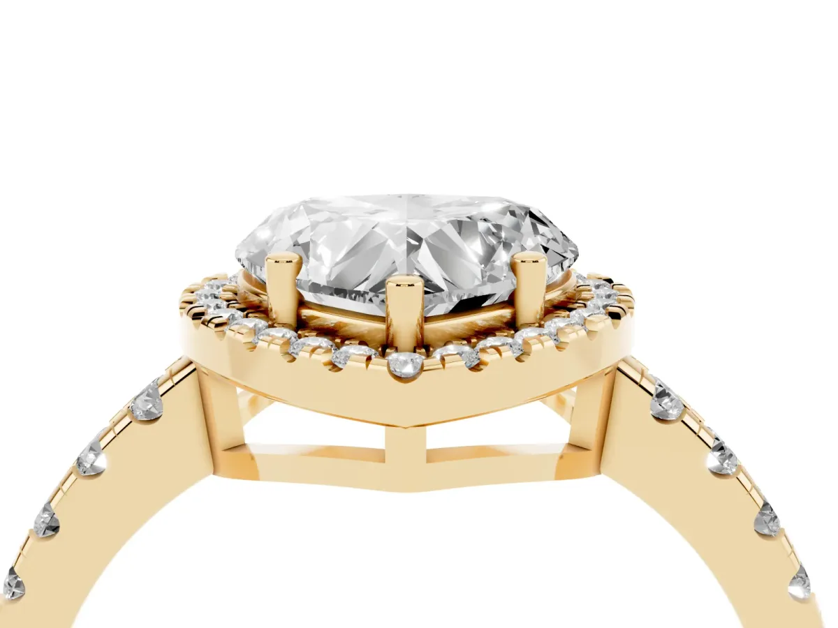 Heart Cut Diamond Halo Ring with Pavé Band and Four-Prong Setting Yellow gold