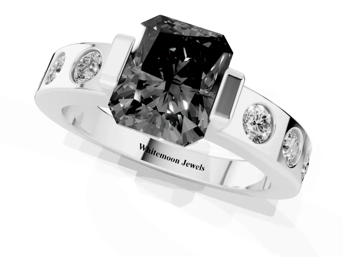 Fancy Black Radiant Cut Brilliant Channel-Set Diamond Ring with Bezel Prong Setting Platinum