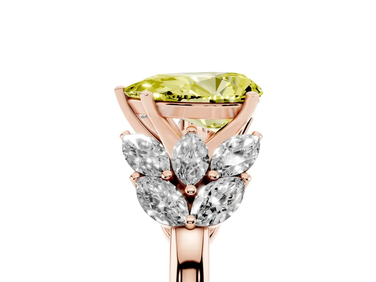 Fancy Yellow Pear Cut Diamond Cluster Leaf Design Ring with Prong Setting Rose gold