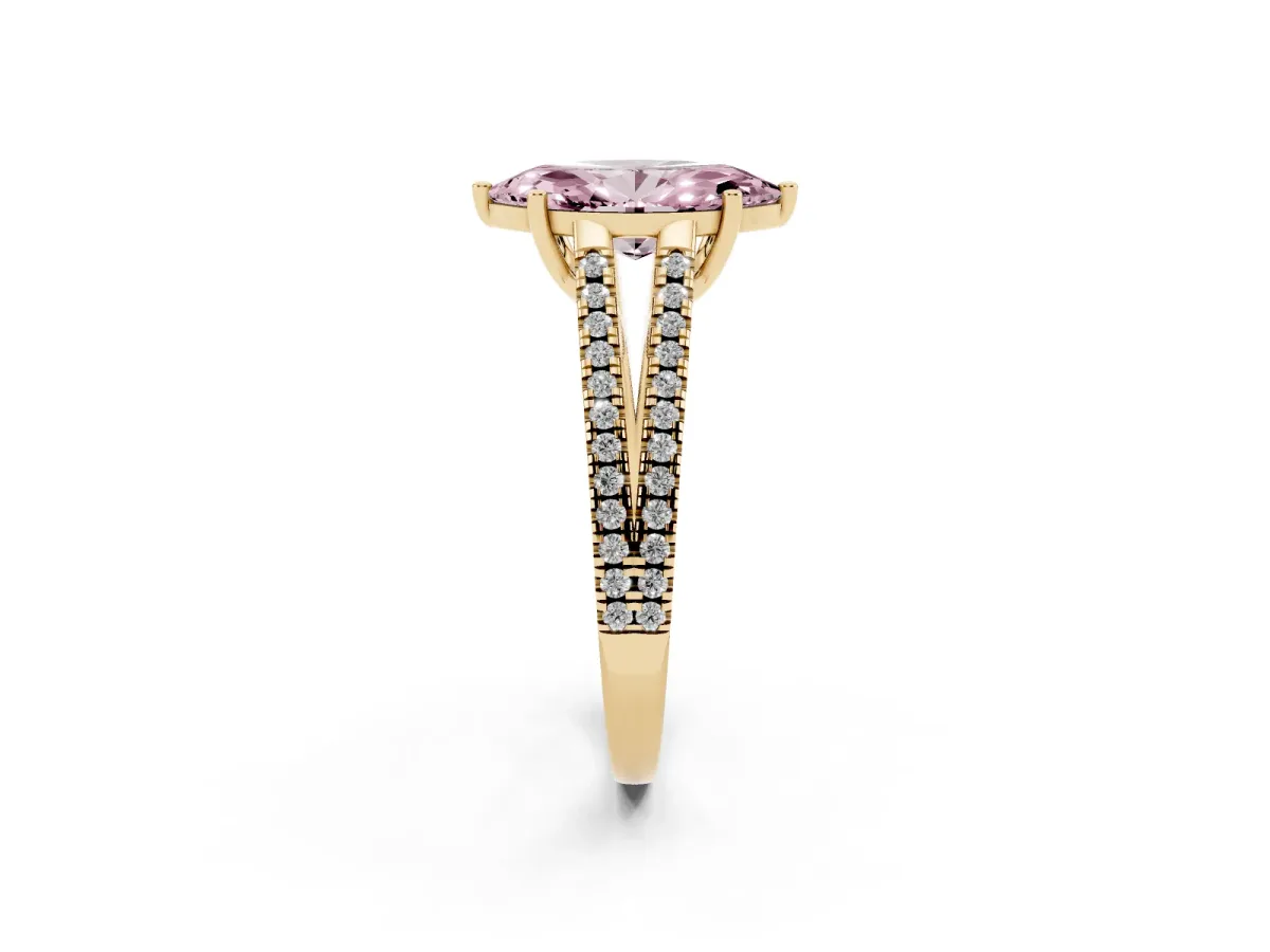 Fancy Pink Marquise Cut Diamond Solitaire Engagement Ring with Split Shank Pavé Band Yellow gold