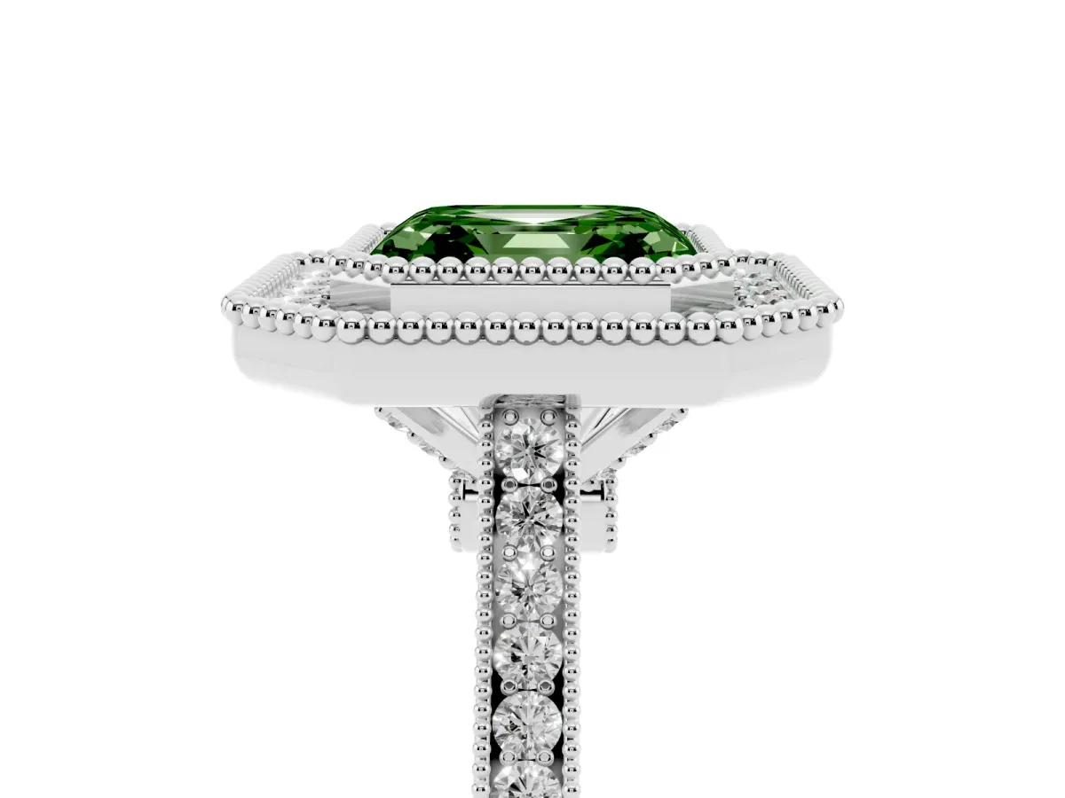 Fancy Green Asscher Cut Diamond Halo Ring with Milgrain Frame and Pavé Band White gold