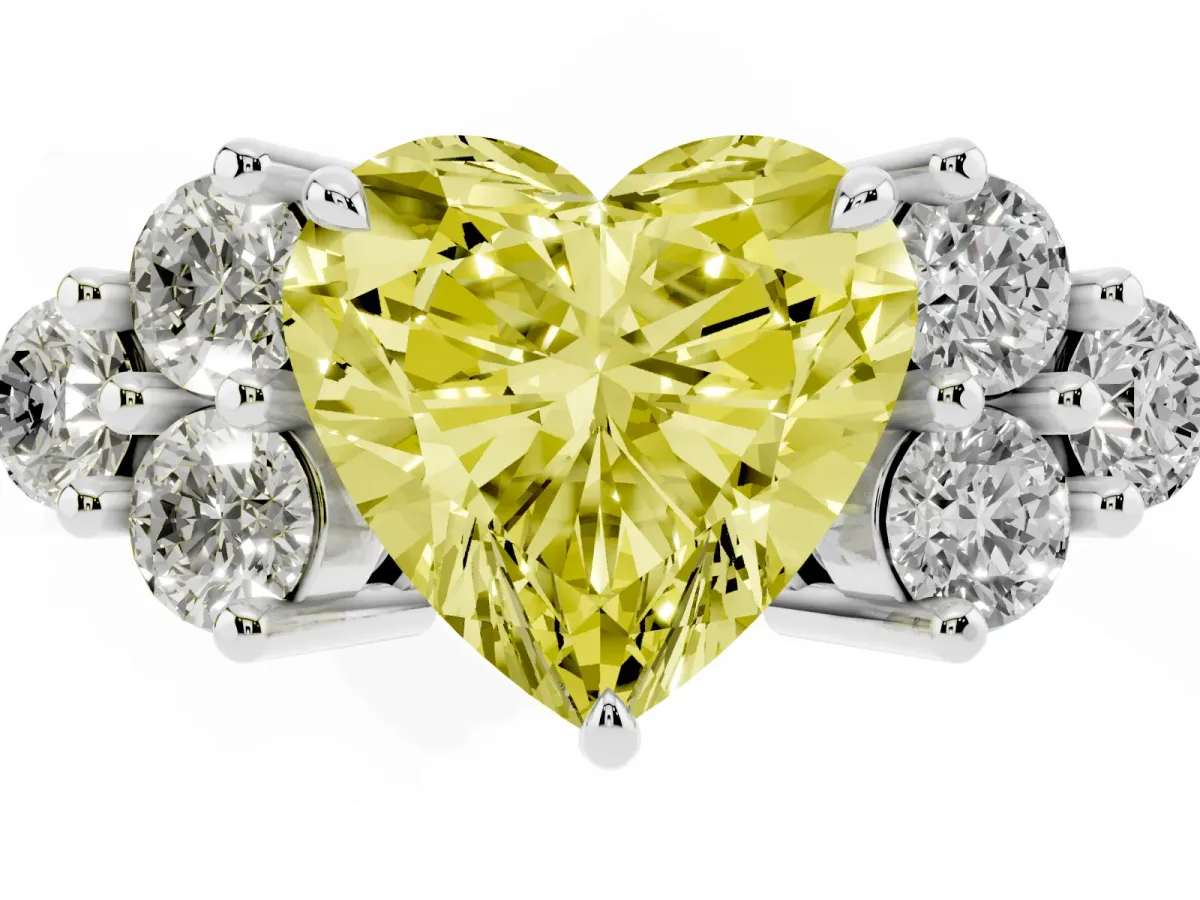Fancy Yellow Heart Cut Brilliant Diamond Cluster Accent Solitaire Ring with Prong Setting Platinum