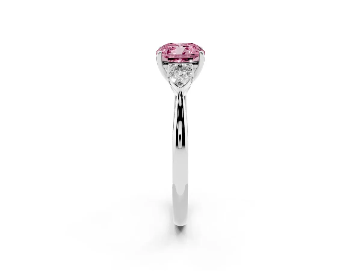 Fancy Pink Three-Stone Cushion Cut Brilliant Diamond Solitaire Ring with Tapered Band and Four-Prong Setting White gold
