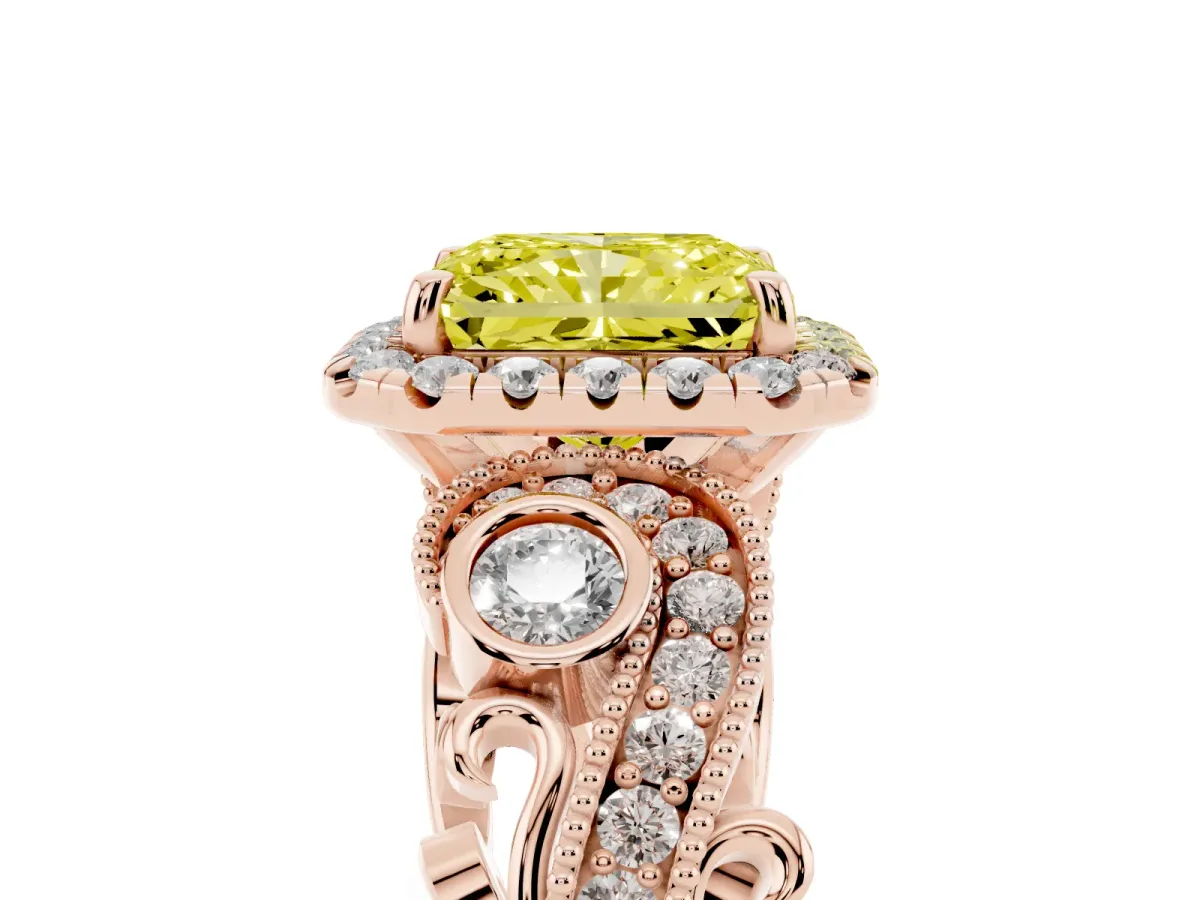Fancy Yellow Radiant Cut Halo Diamond Ring with Milgrain and Bezel Accents on a Split Shank Band Rose gold