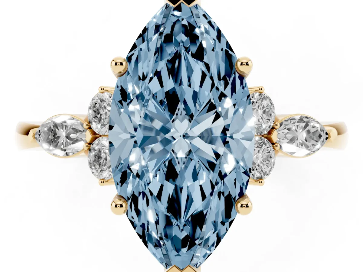 Fancy Blue Marquise Cut Brilliant Diamond Solitaire Ring with Pear Side Stones and Four-Prong Setting Yellow gold