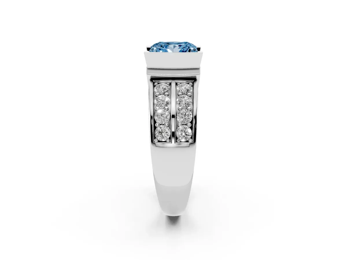 Fancy Blue Princess Cut Brilliant Diamond Channel Set Wide Band Ring with Bezel Setting White gold