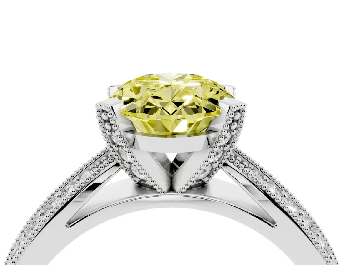 Fancy Yellow Oval Cut Diamond Solitaire Ring with Milgrain Round Pavé Band and Prong Setting Silver