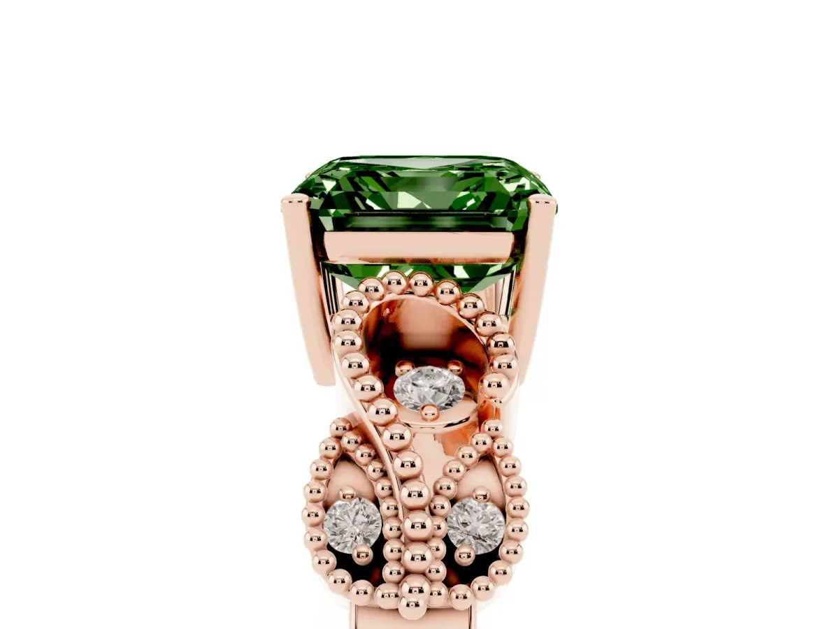 Fancy Green Asscher Cut Solitaire Milgrain Leaf Band with Prong Setting Rose gold