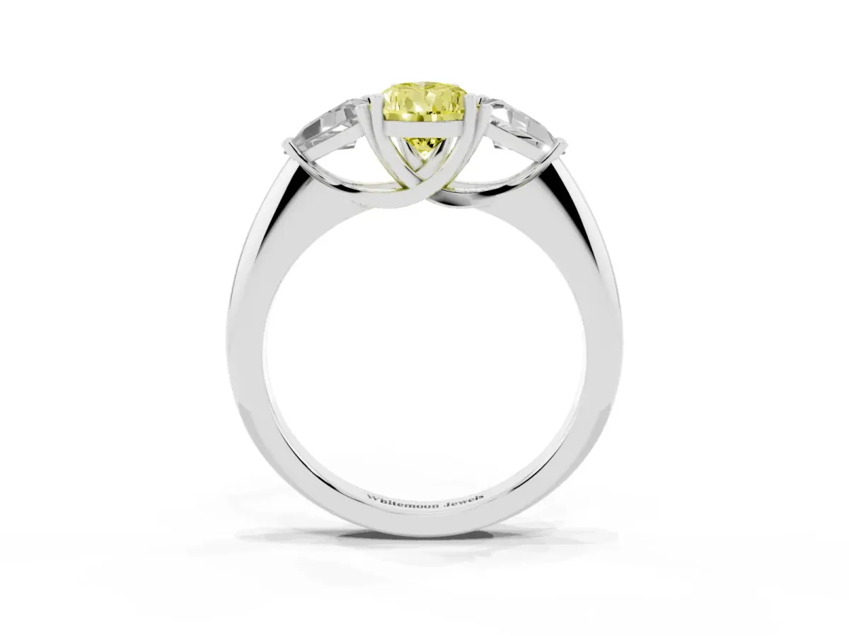 Fancy Yellow Three-Stone Pear Cut Diamond Engagement Ring with Trillion Side Stones and Prong Setting Silver